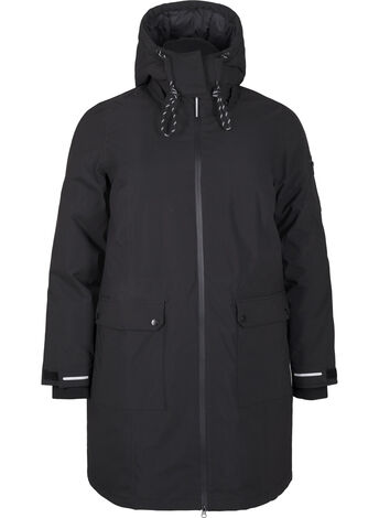 Praktyczna kurtka zimowa z kapturem i kieszeniami, Czarne, Model