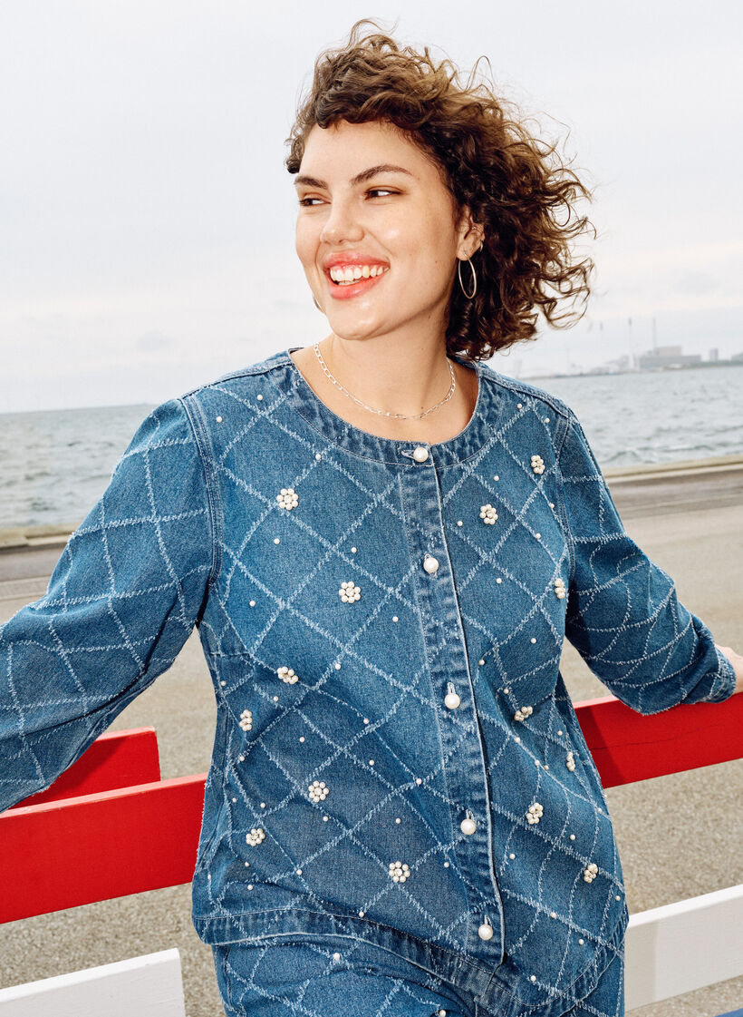 Koszula z denimu zniszczona i ozdobiona perlowymi detalami, Niebieskie, Image image number 0