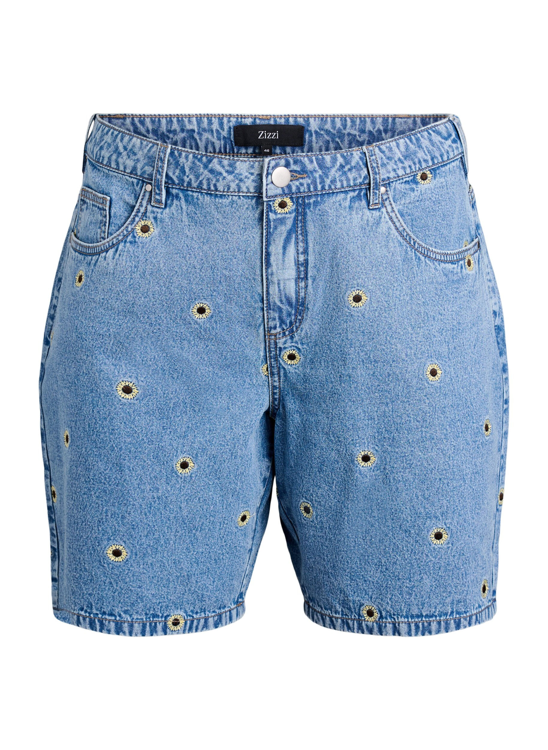 ZizziSzorty jeansowe z haftowanymi kwiatami, Niebieskie, Packshot image number 0