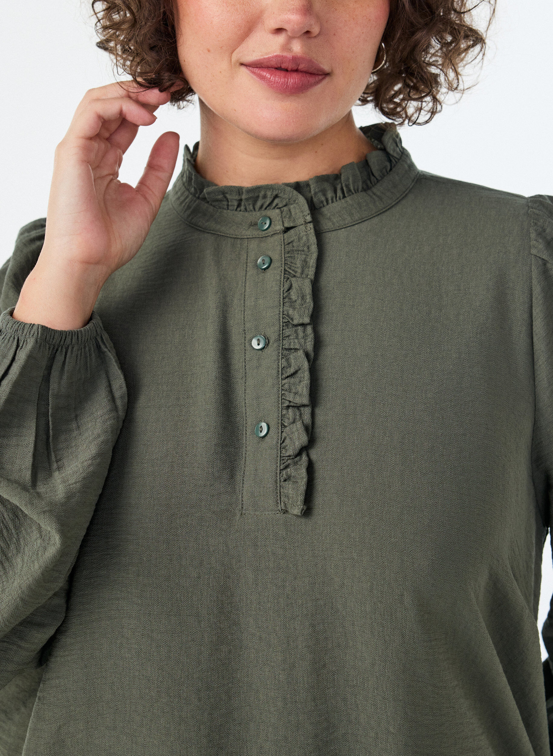 ZizziWiskozowa tunika z falbanami i guzikami, Zielony, Model image number 3