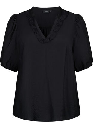 Wiskozowa bluzka z bufiastymi rekawami i falbankami, Black, Packshot image number 0