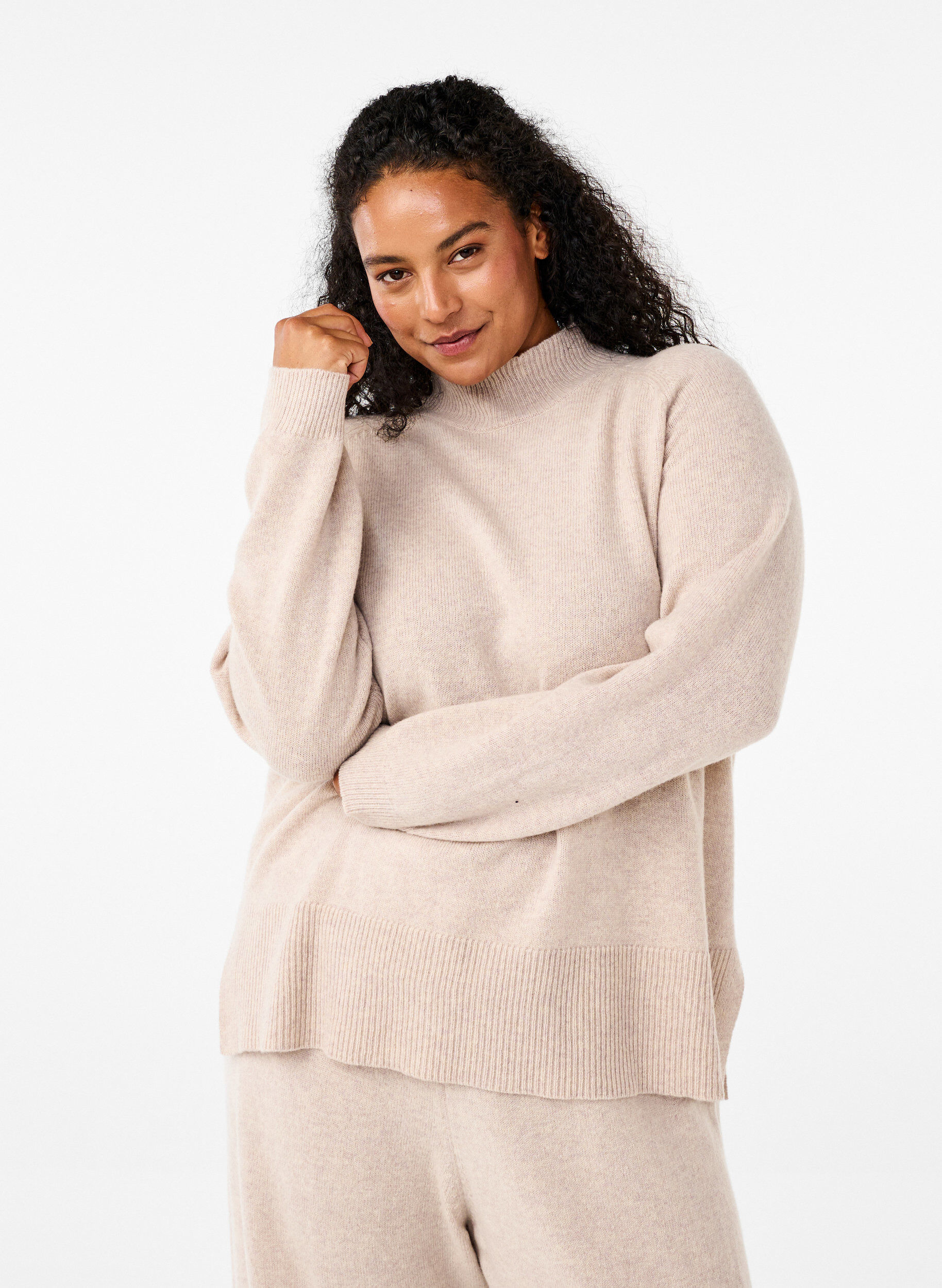 Zizzi Merino welniany sweter z golfem, Pumice Stone Mel., Model image number 0