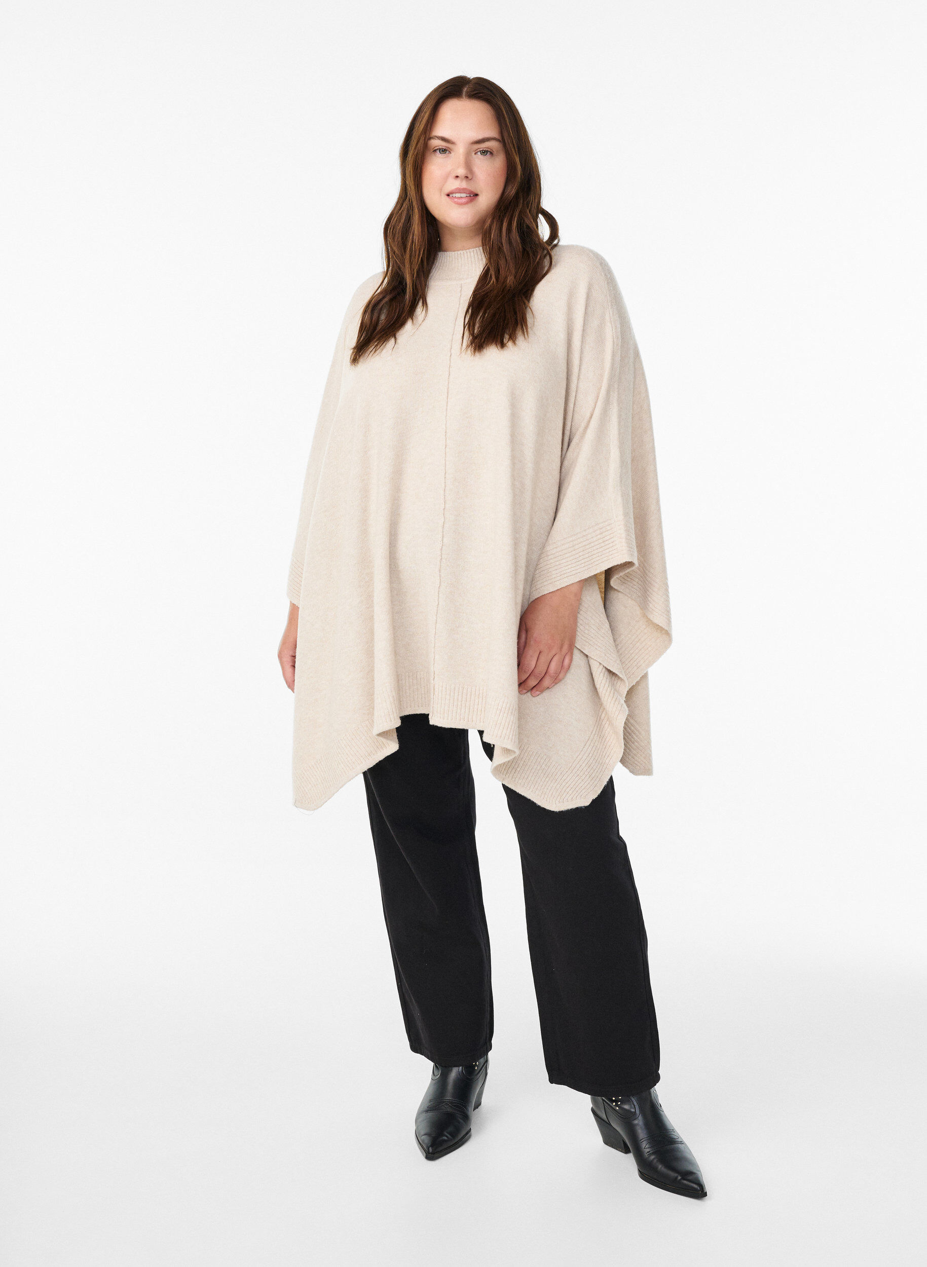Zizzi Poncho ze sciagaczami i okraglym dekoltem, Beżowy, Model image number 1