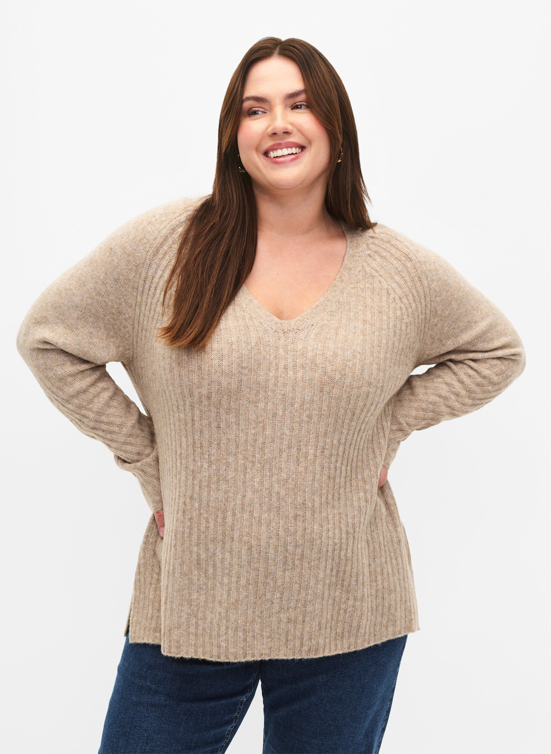 Zizzi Dzianinowy sweter z rozcieciem, Simply Taupe Mel., Model image number 0