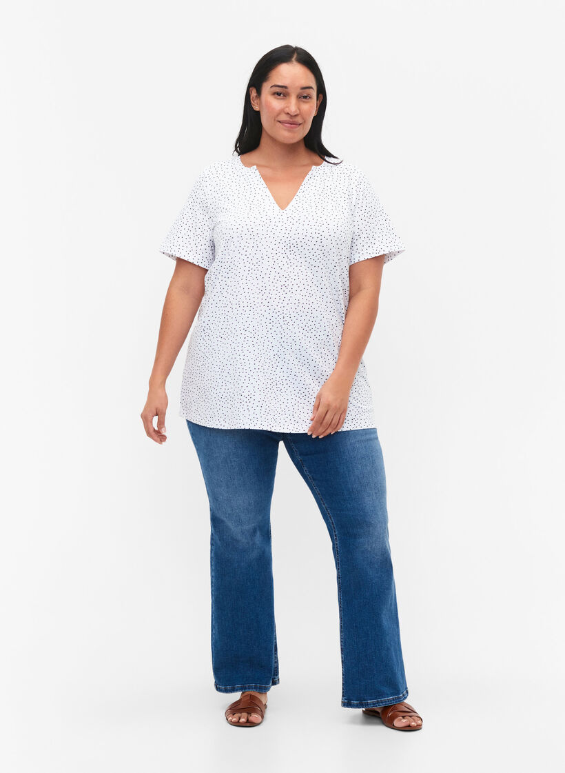 Bawelniana koszulka w kropki z dekoltem w szpic, B.White/Black Dot, Model image number 2