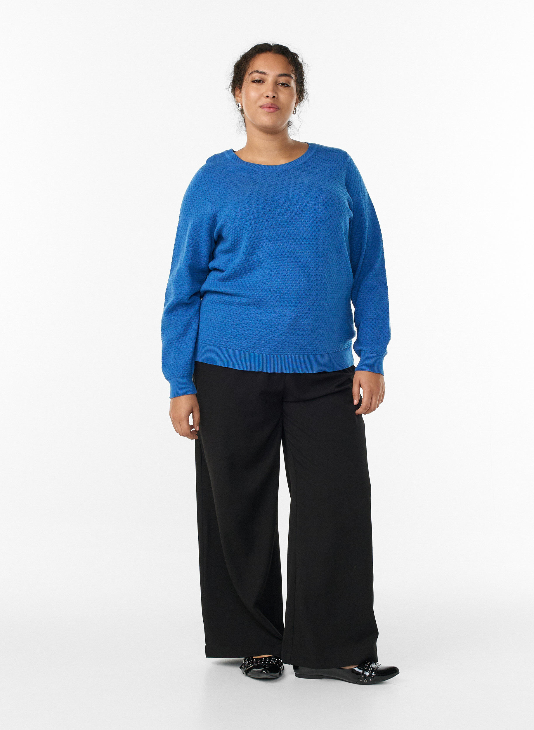 Zizzi Bluzka dzianinowa z bawelny z fakturowanym wzorem, Niebieskie, Model image number 1