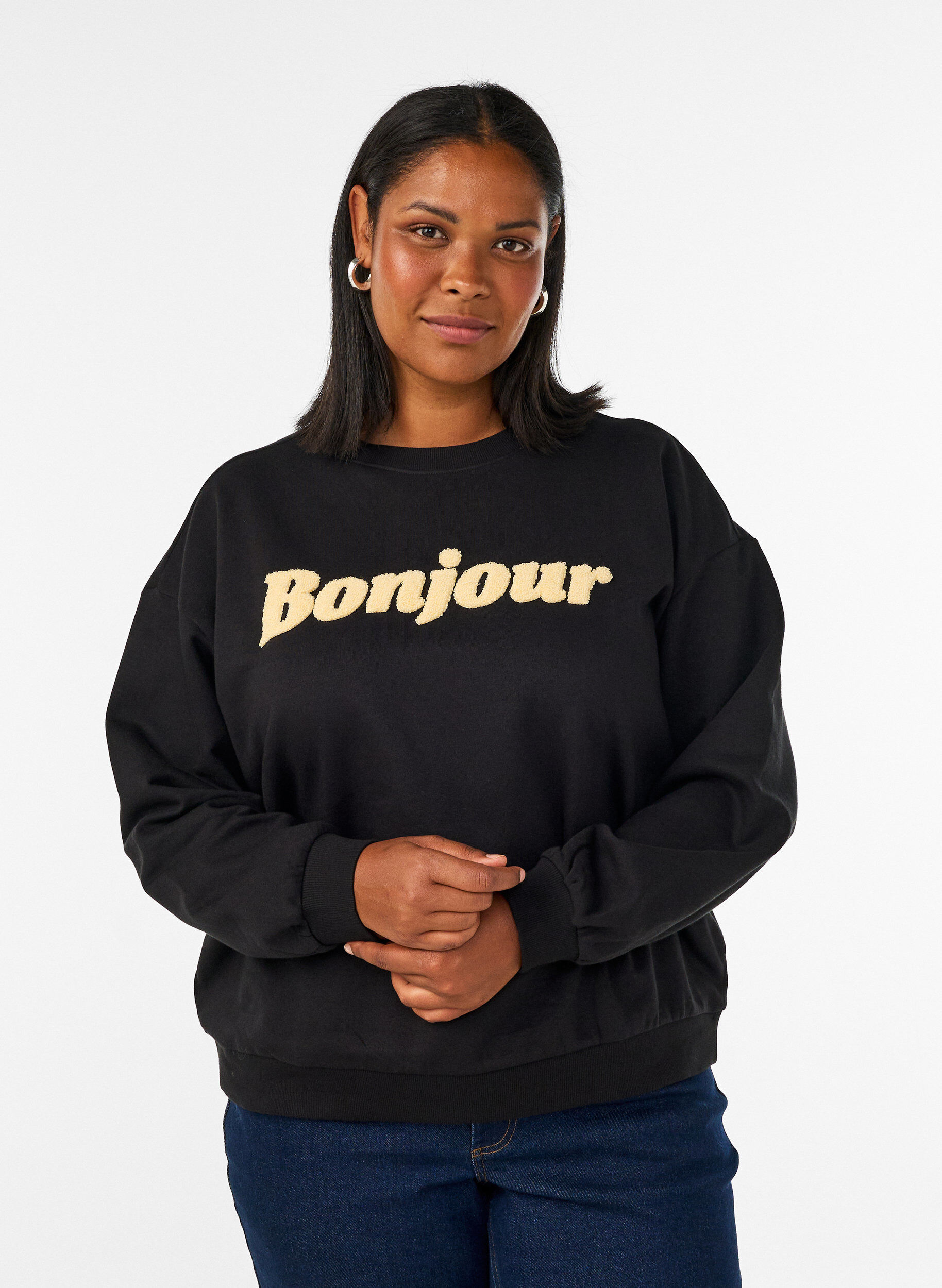 ZizziBluza z napisem boucl&eacute;, Czarne, Model image number 0