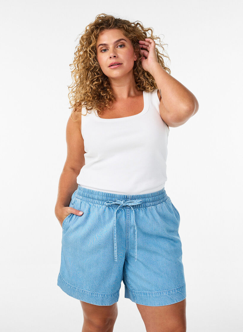 Szorty o wygladzie dzins&oacute;w z elastyczna talia i sznurkiem, Niebieskie, Model image number 0