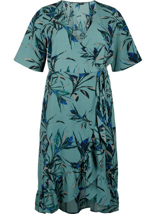 Kopertowa sukienka z nadrukiem i krótkim rekawem, Sea Pine Leaf AOP, Packshot image number 0
