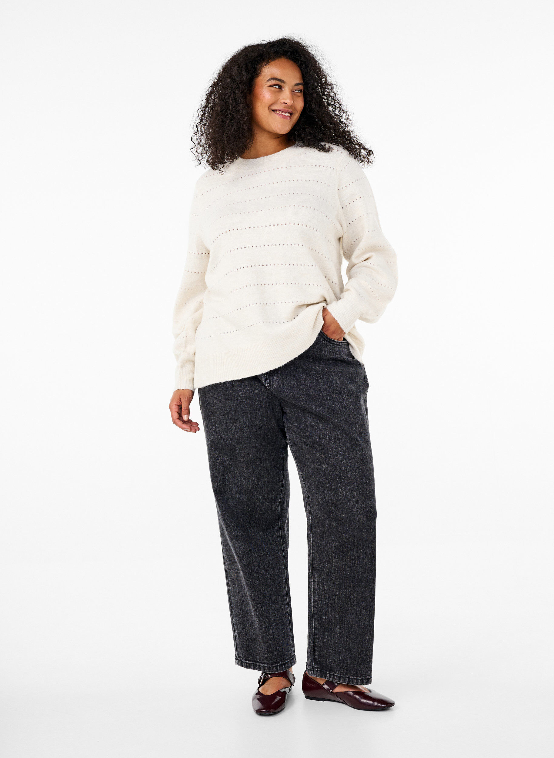 Zizzi Dzianinowa bluzka z okraglym dekoltem i koronkowym wzorem, Birch Mel., Model image number 2