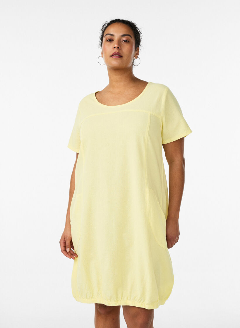 Bawelniana sukienka z kr&oacute;tkim rekawem, Ż&oacute;łty, Model image number 0