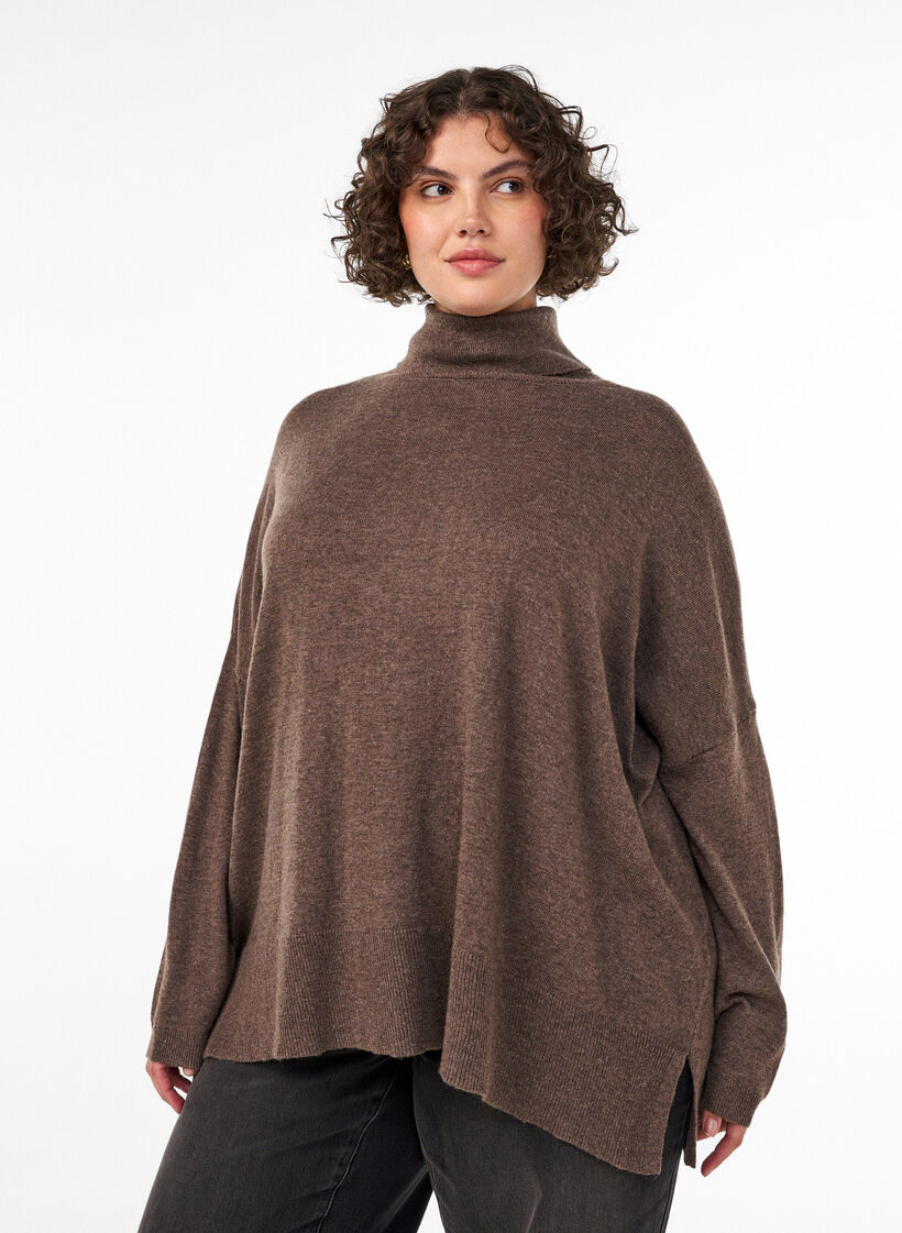 Sweter z kolnierzykiem i luznym krojem, Brązowy, Model image number 0