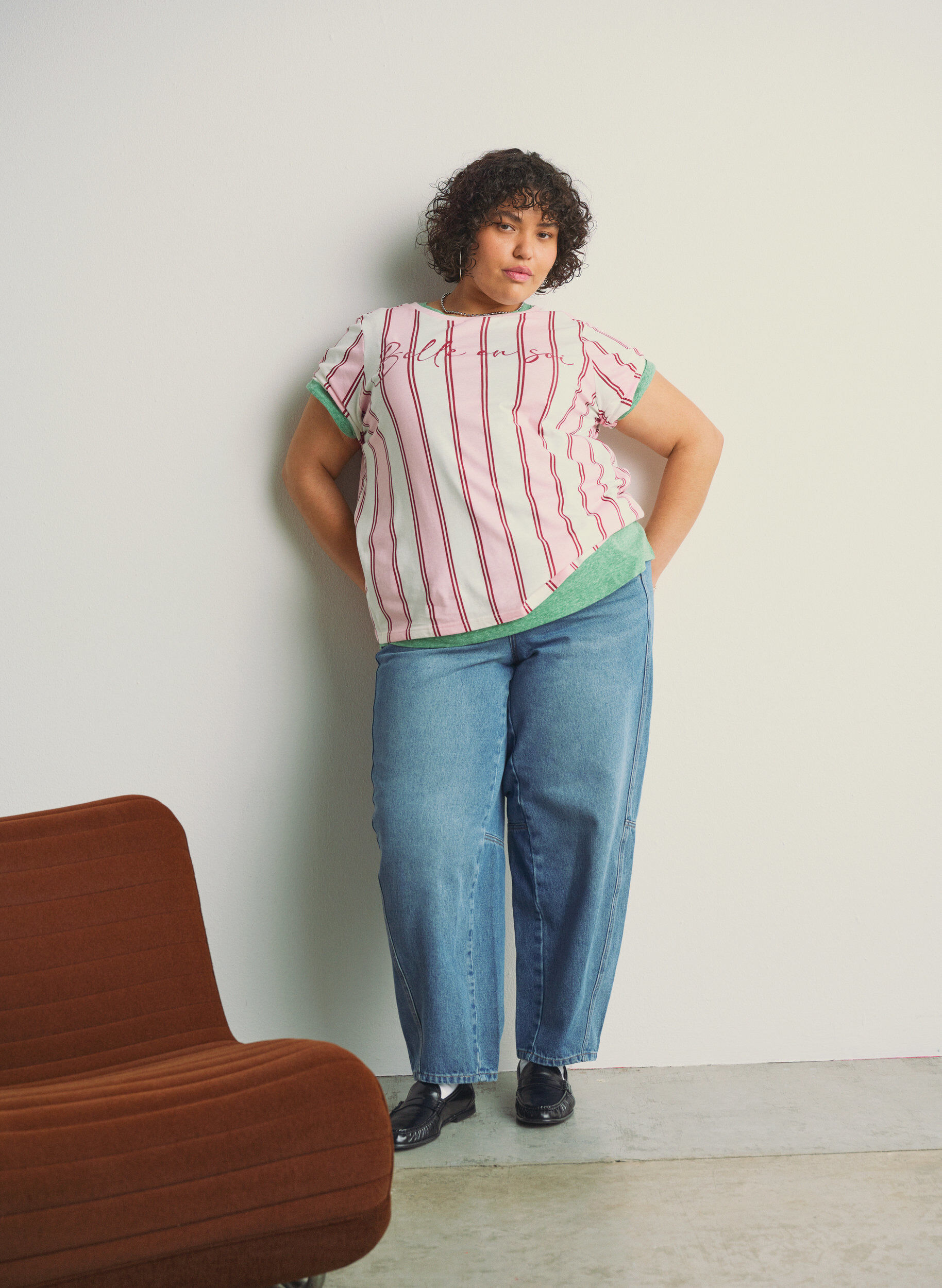 Zizzi Koszulka z paskami i nadrukiem tekstowym, R&oacute;żowy, Image image number 0