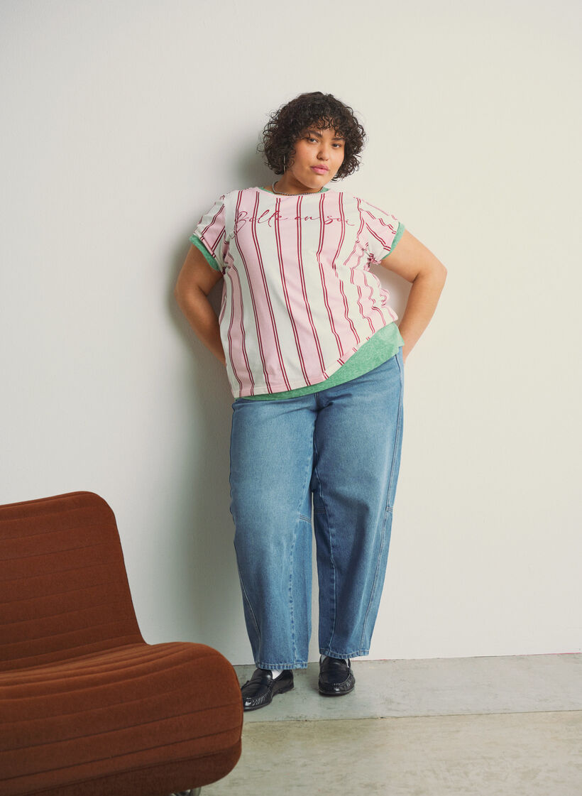 Koszulka z paskami i nadrukiem tekstowym, Różowy, Image image number 0