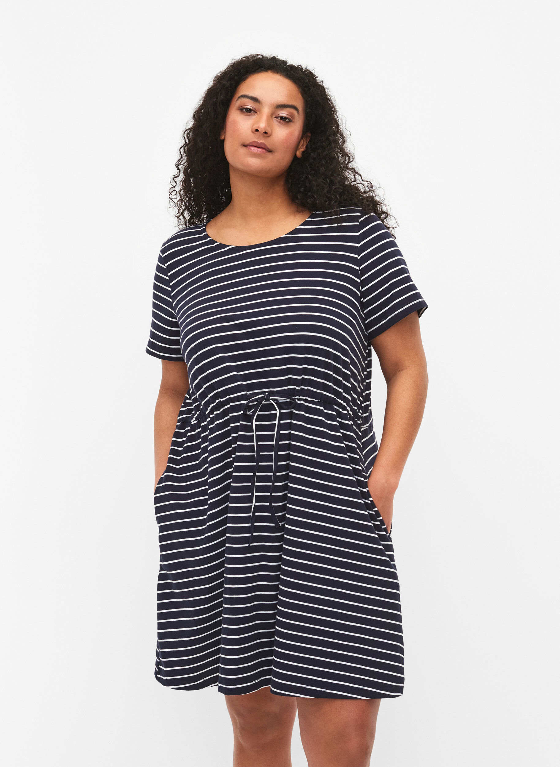 Zizzi Striped tunic in cotton with short sleeves, Night Sky Stripe, Model image number 0