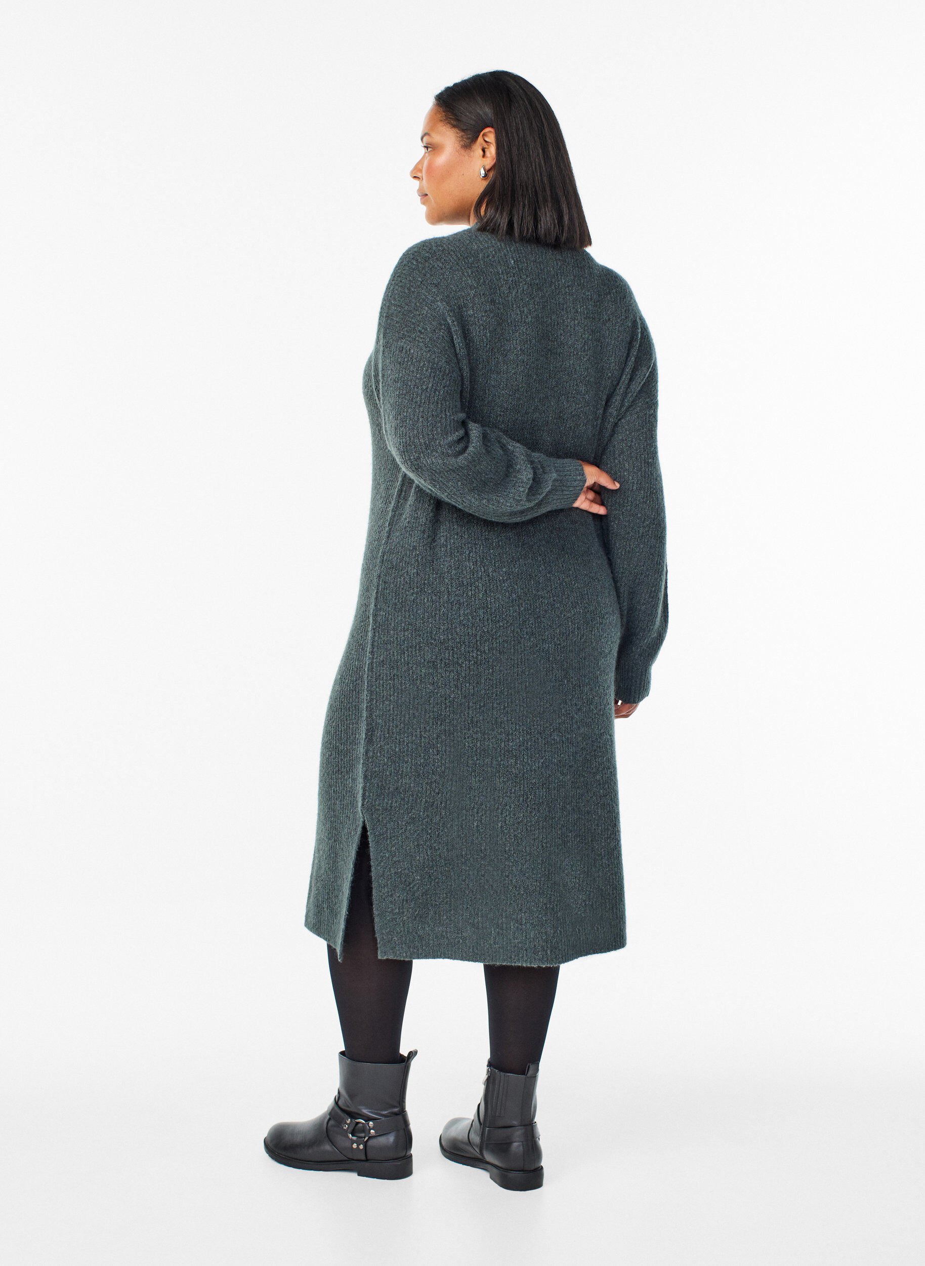 Zizzi Dluga dzianinowa sukienka z wysokim dekoltem, Zielony, Model image number 1