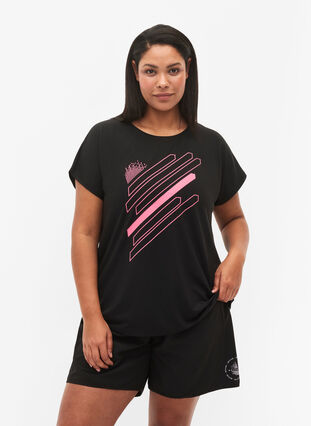 Koszulka treningowa z krótkim rekawem i nadrukiem, Black/Pink Print, Model image number 0