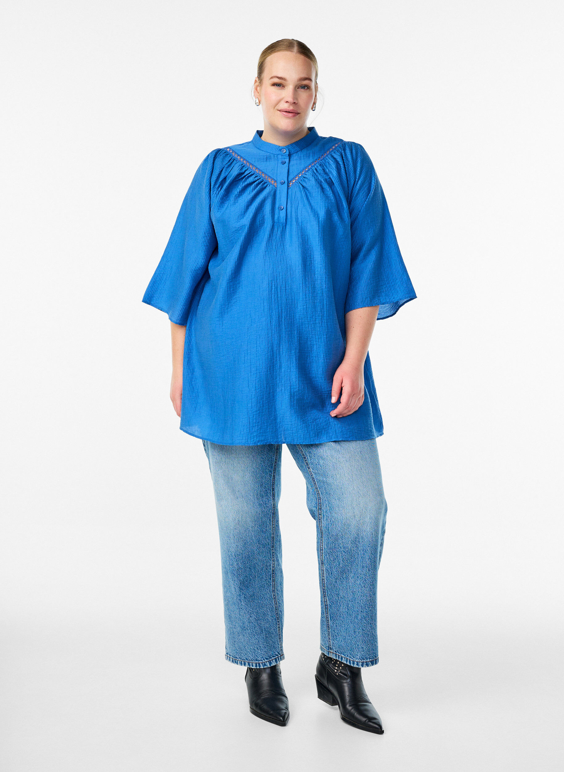 Zizzi Tunika z koronkowymi wstawkami i prazkowana faktura, Niebieskie, Model image number 1