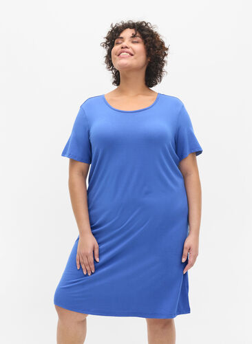 Wiskozowa sukienka z krótkim rekawem i detalem z tylu, Dazzling Blue, Model image number 0