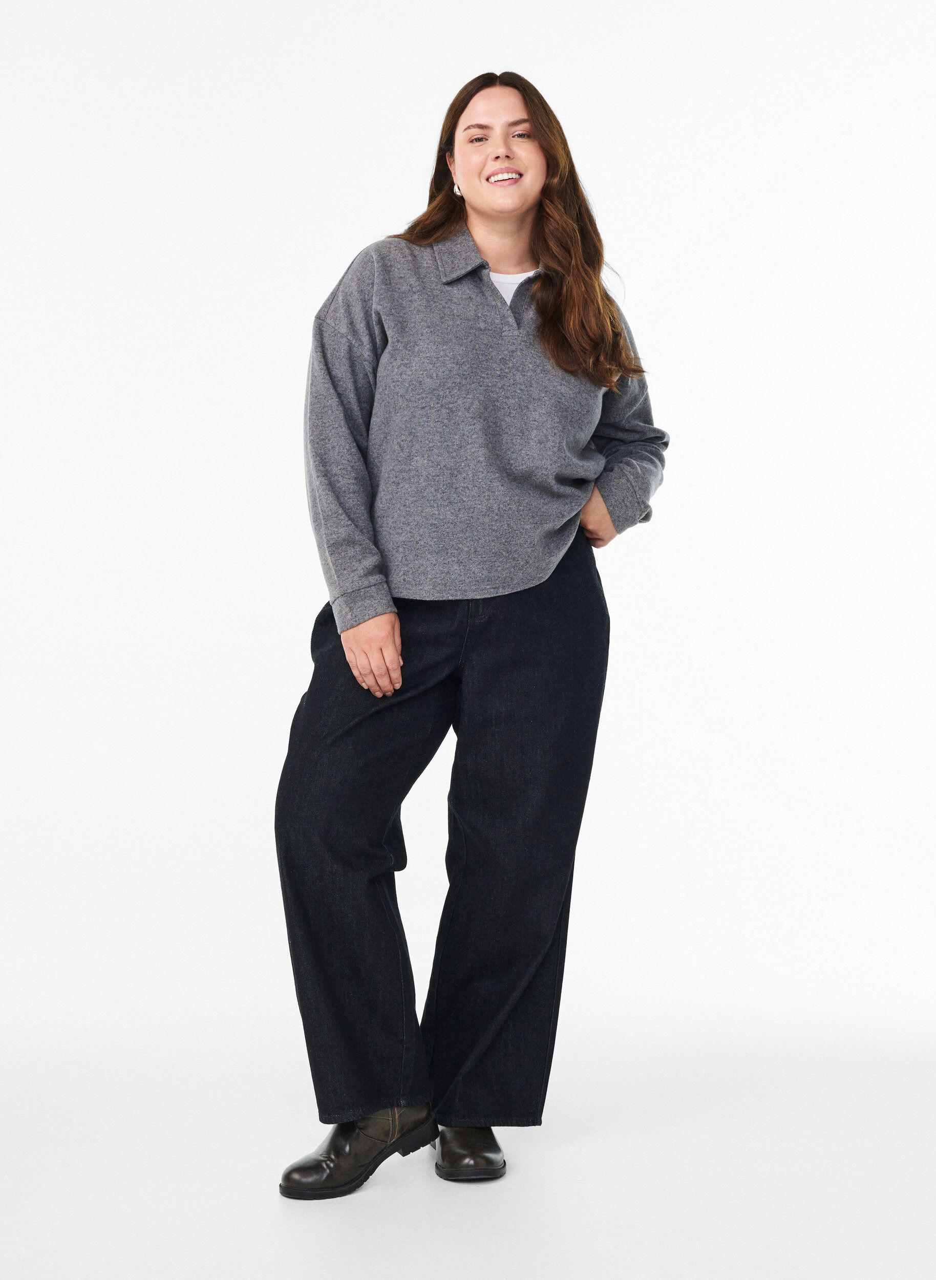 Zizzi Bluzka z dzianiny z kolnierzykiem i dekoltem w ksztalcie litery V, Ciemnoszary, Model image number 1