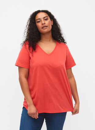 T-shirt z krótkim rekawem i dekoltem w szpic, Cayenne, Model image number 0