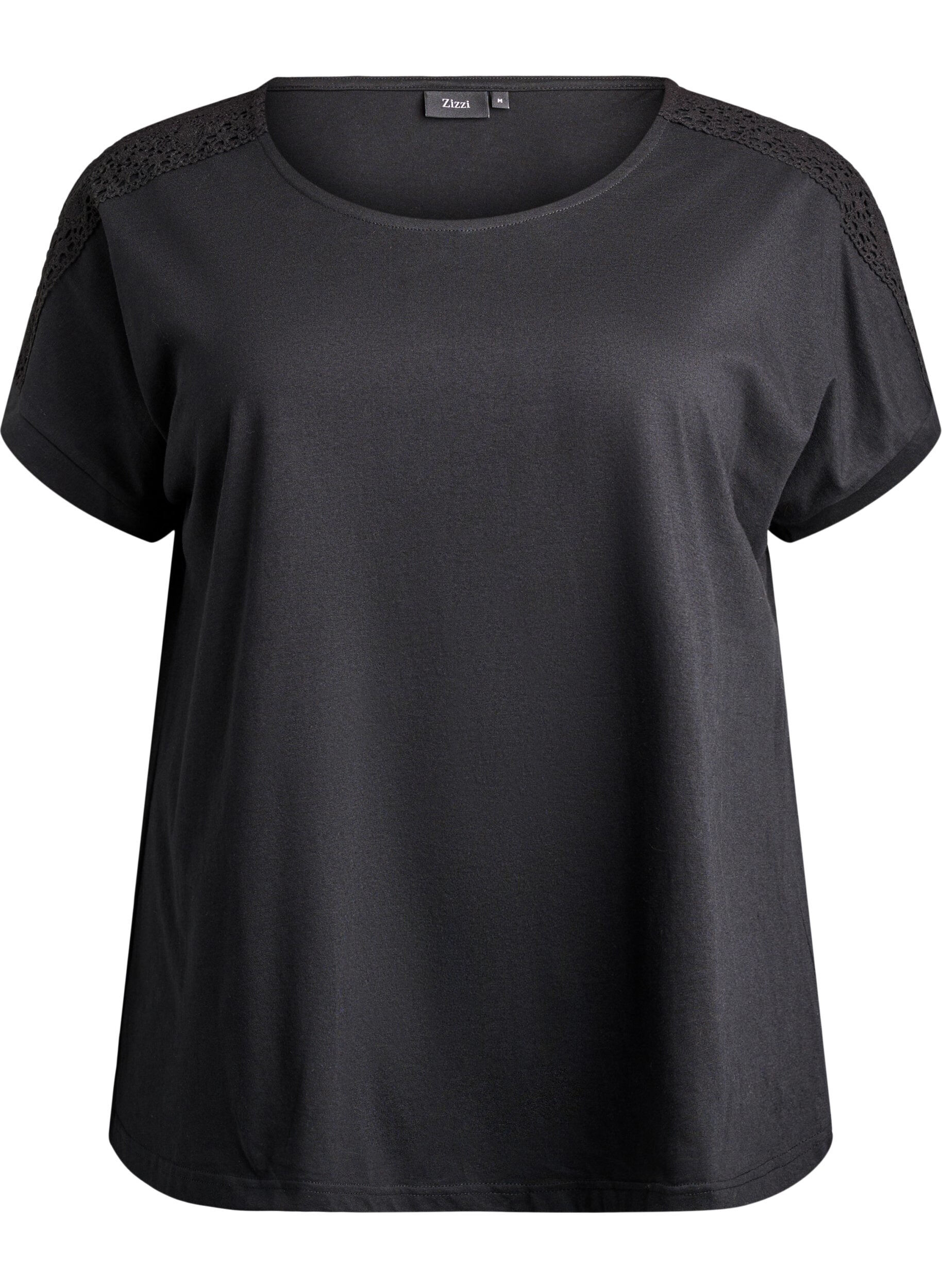 ZizziBawelniany T-shirt z szydelkowym detalem, Czarne, Packshot image number 0
