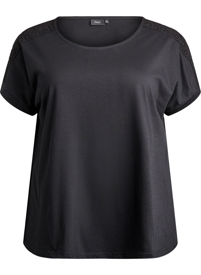 Bawelniany T-shirt z szydelkowym detalem, Czarne, Packshot image number 0