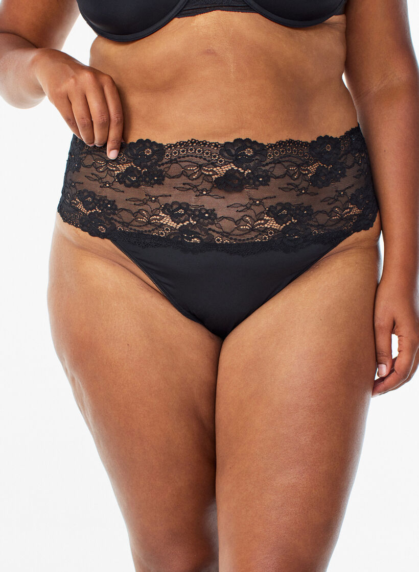 2-pack stringi z szerokim koronkowym brzegiem, Czarne, Model image number 2