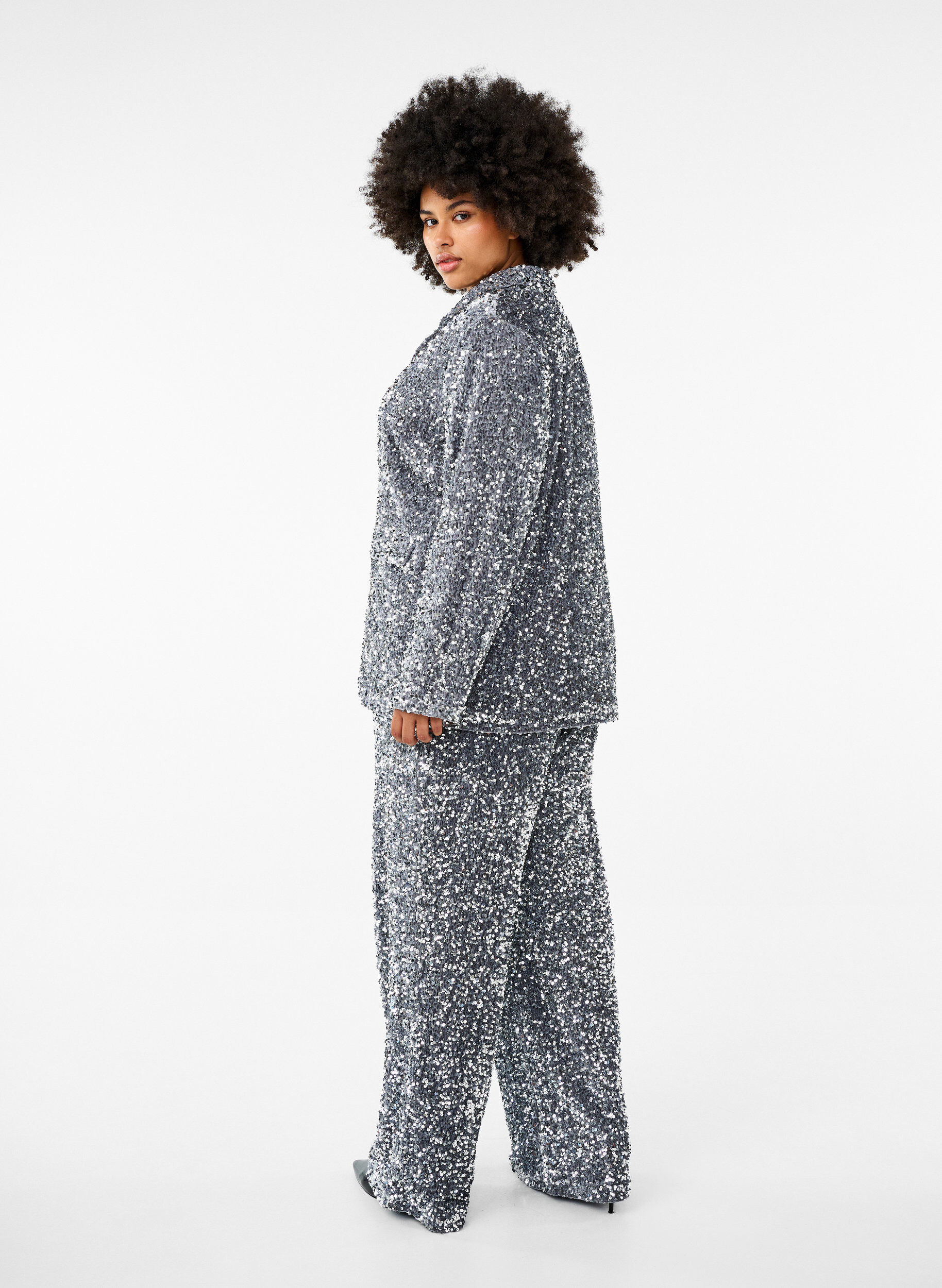 Zizzi Luzne cekinowe spodnie z wysokim stanem, Silver, Model image number 1