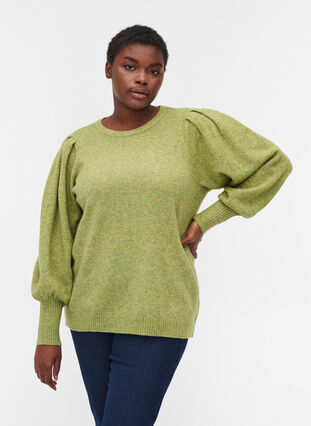 Melanzowy sweter z dzianiny z bufiastymi rekawami, Green Olive Mel., Model image number 0