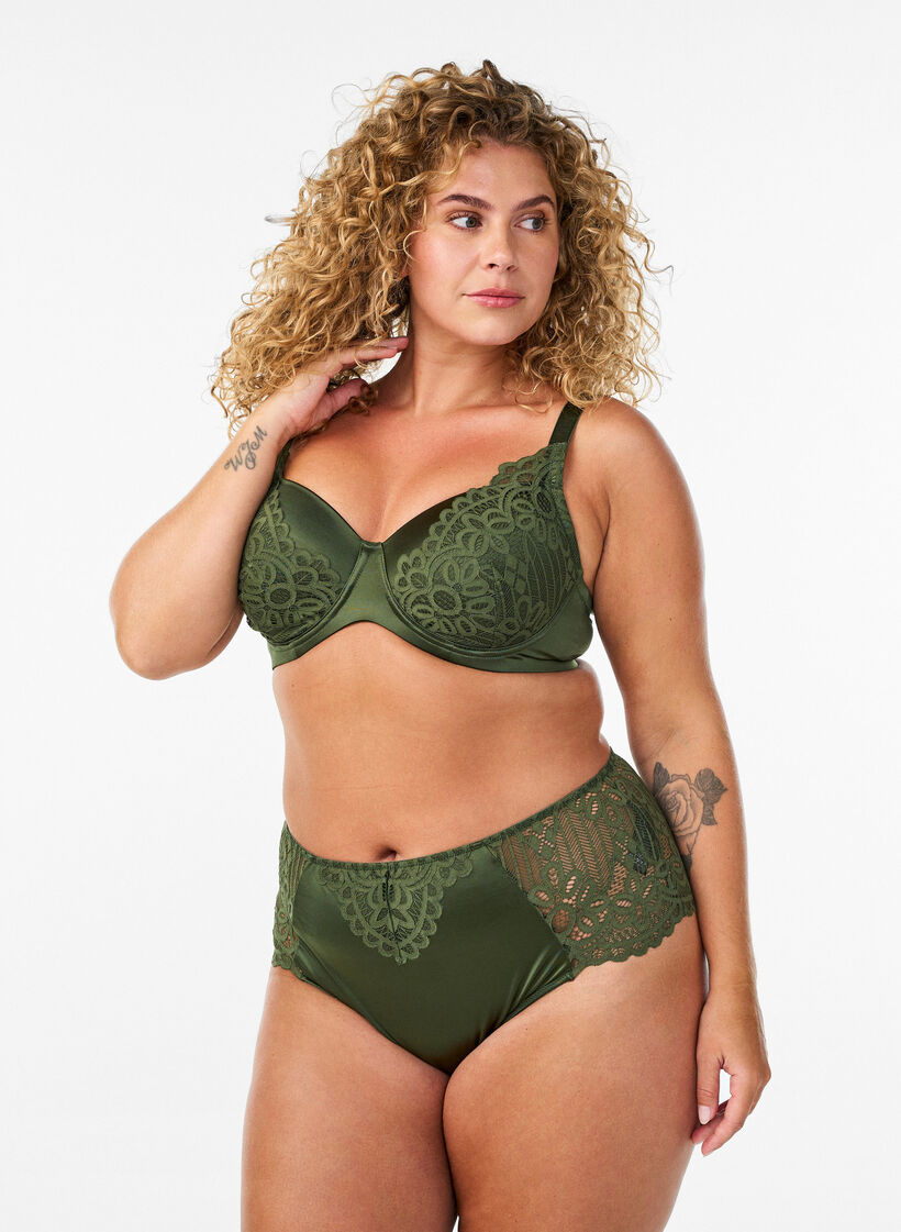 Usztywniany biustonosz na fiszbinach z koronka, Zielony, Model image number 1