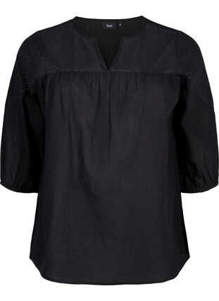 Bluzka z mieszanki bawelny z lnem i szydelkowymi detalami, Black, Packshot image number 0