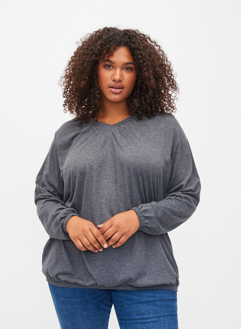 Melange top with long sleeves and v cutting, Dark Grey Melange, Model image number 0