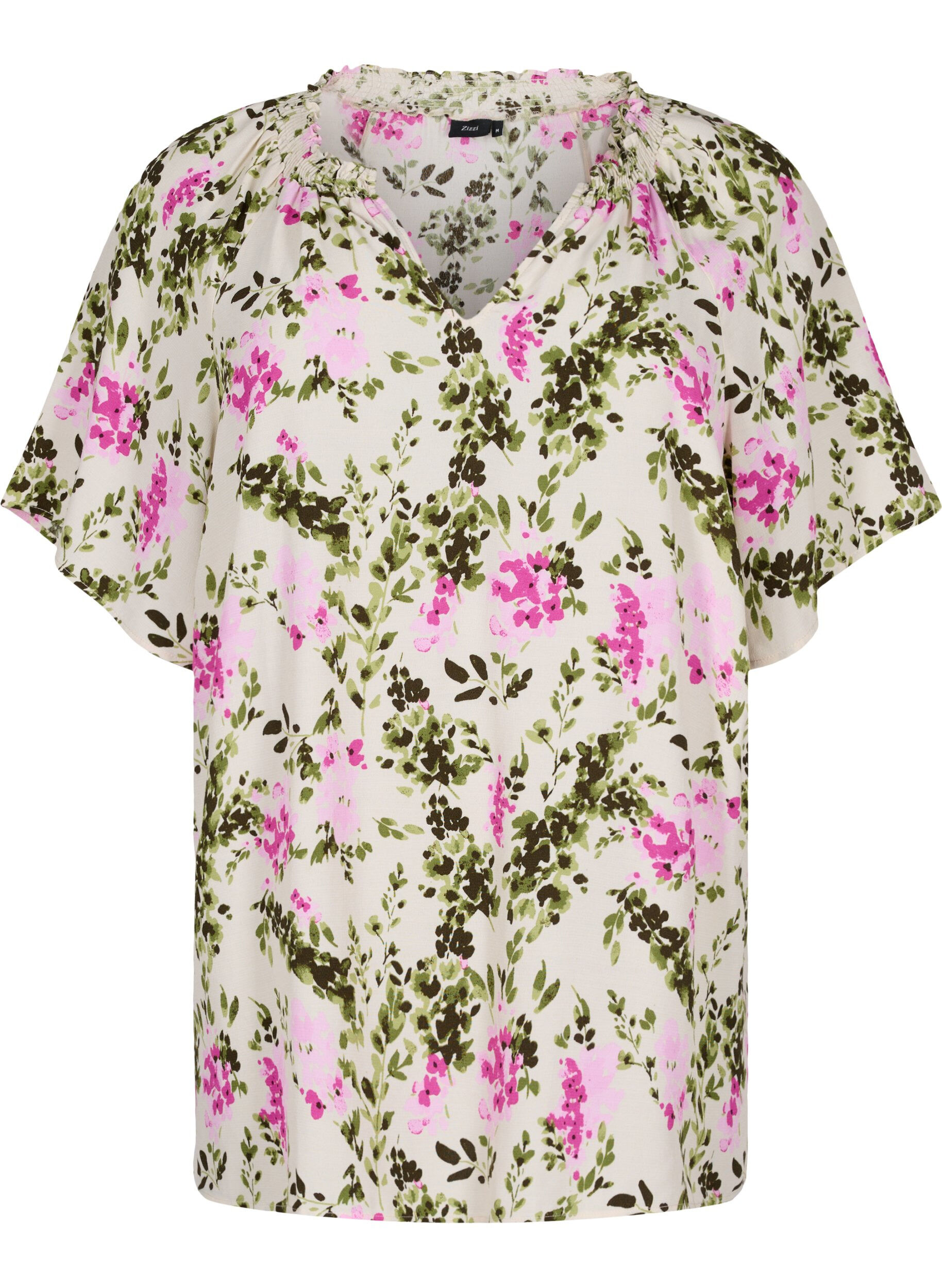 Zizzi Viscose blouse with short sleeves, Green Pink AOP, Packshot image number 0