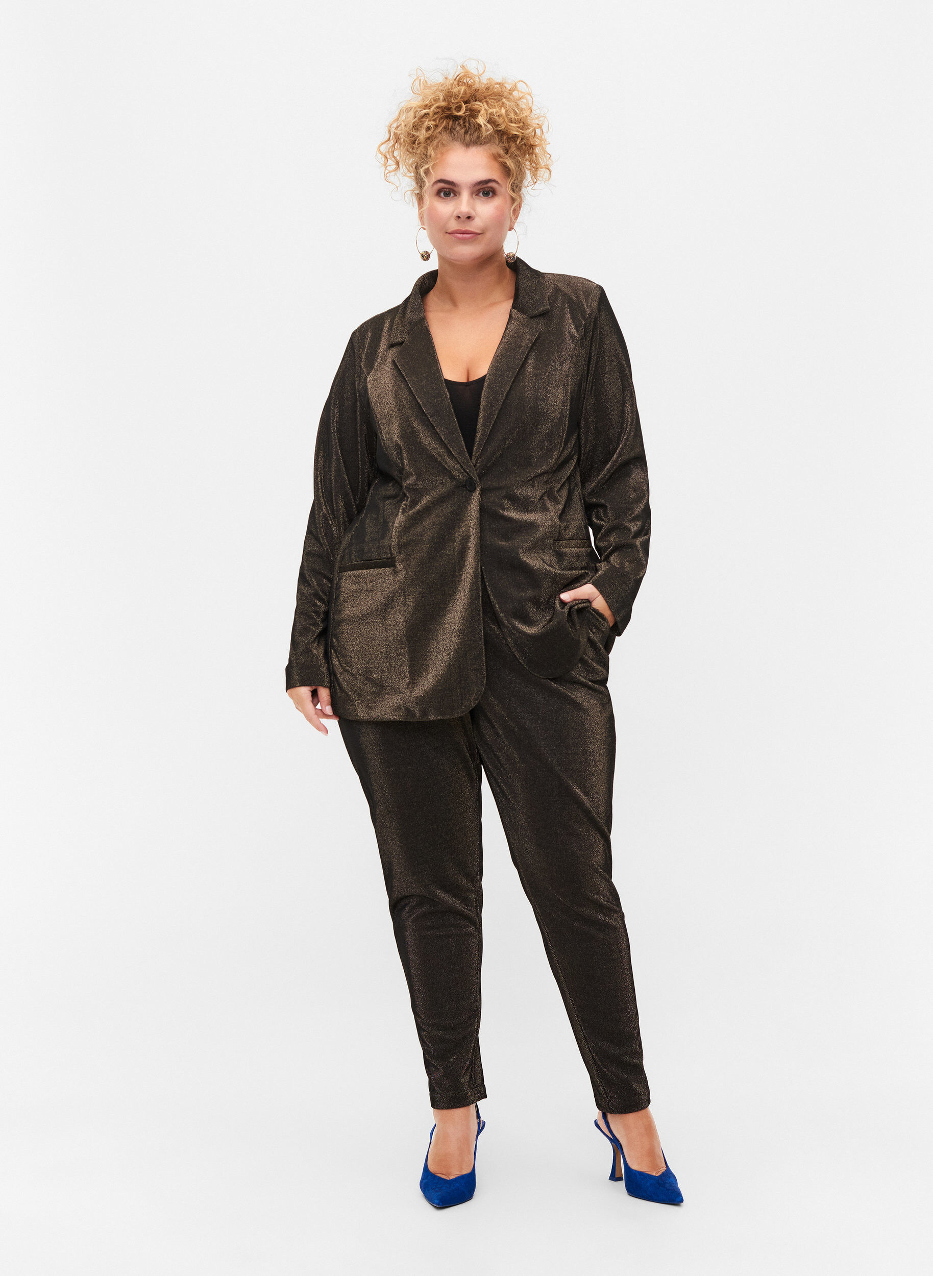 Zizzi Maddison pants with glitter, Black w. Lurex, Model image number 0