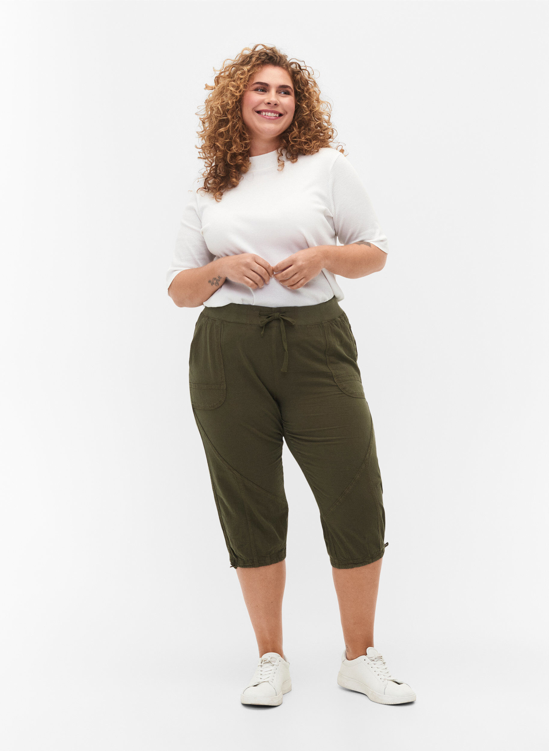 Bawelniane spodnie capri, Zielony, Model