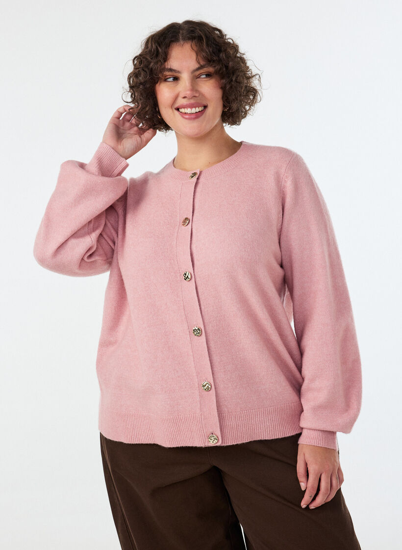 Kardigan z miekkiej dzianiny z guzikami w kolorze zlotym, R&oacute;żowy, Model image number 0