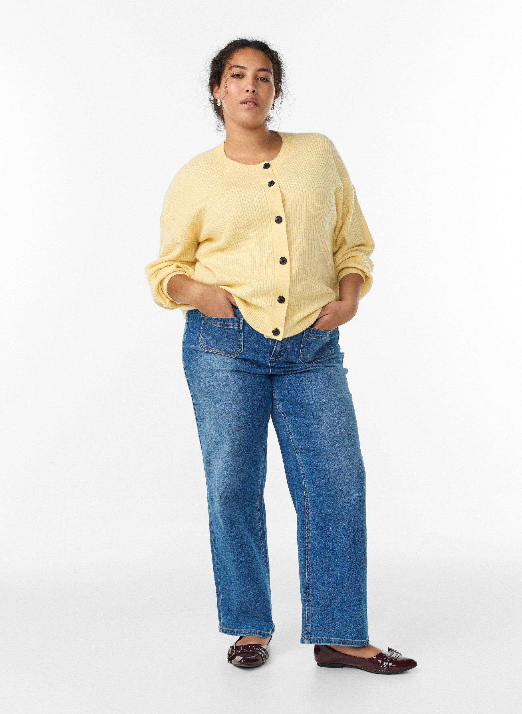 Zizzi Kardigan z rybim sciegiem i guziki, Ż&oacute;łty, Model image number 1