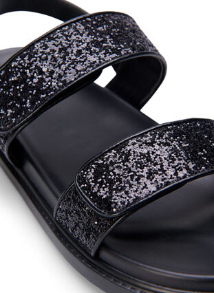 Szerokie brokatowe sandaly z zapieciem na rzep, Black Glitter, Packshot image number 3