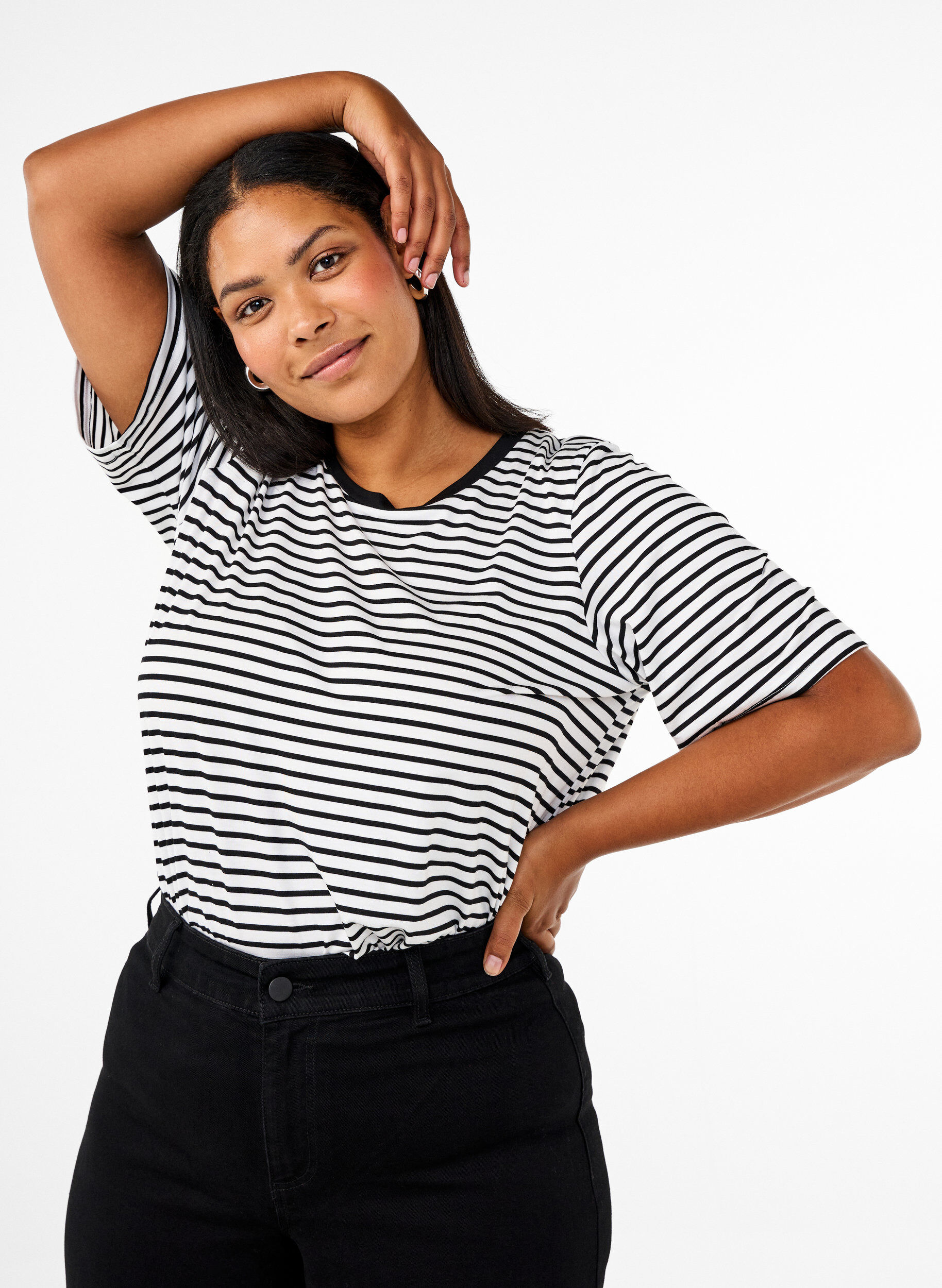 ZizziKoszulka z TENCEL&trade; Lyocell i paskami, Biały, Model image number 0