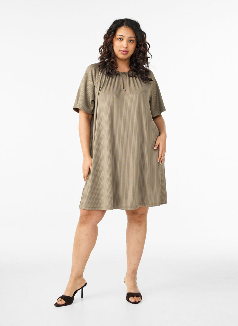 Tunika z dzianiny z teksturowanymi paskami, Brązowy, Model image number 1