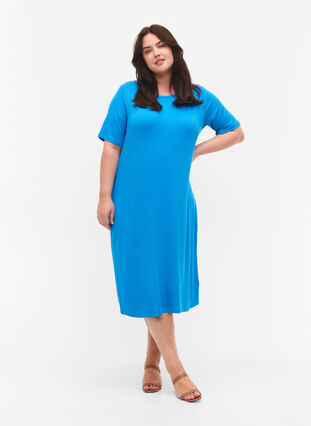 Wiskozowa sukienka midi z krótkimi rekawami, Ibiza Blue, Model image number 0