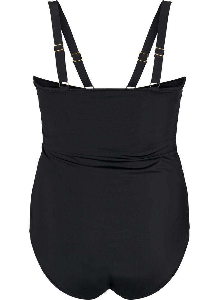 Strój kapielowy z detalem w ksztalcie litery V i marszczeniami, Czarne, Packshot image number 1