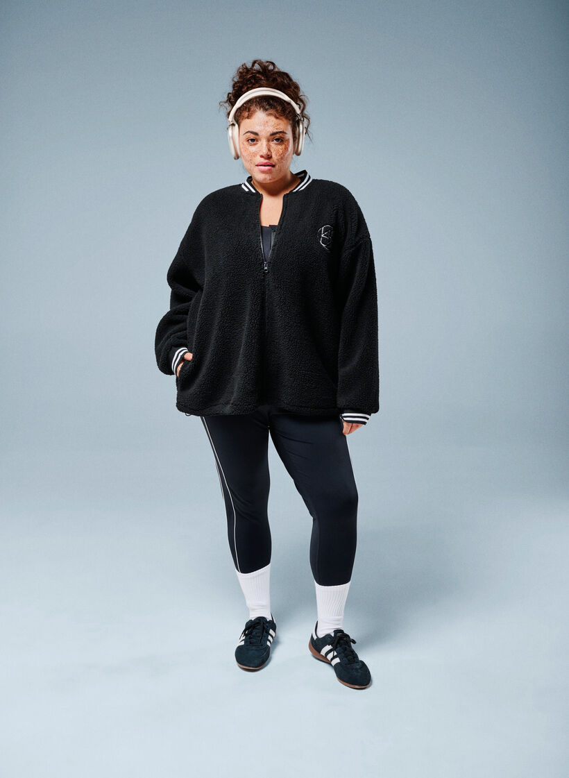 Kurtka polarowa Teddy z ozdobnymi paskami, Czarne, Image image number 0