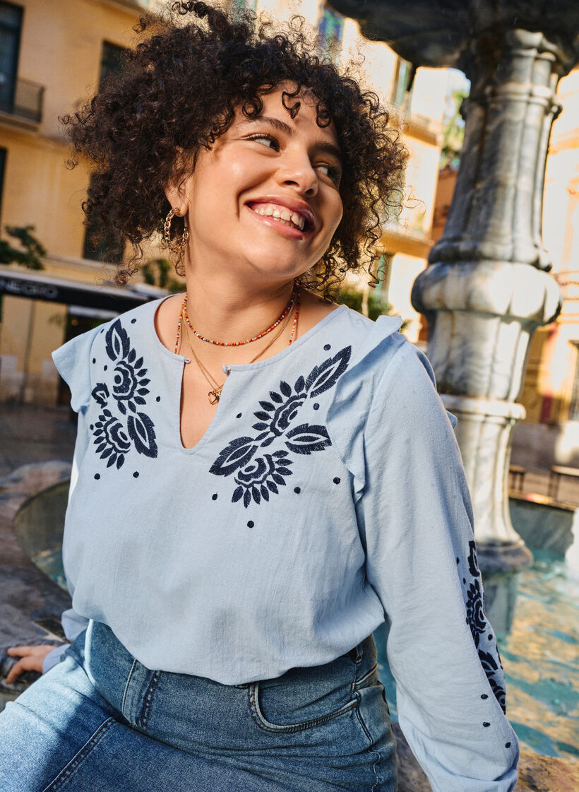 Bawelniana bluzka z haftem i falbanami, Niebieskie, Image image number 0