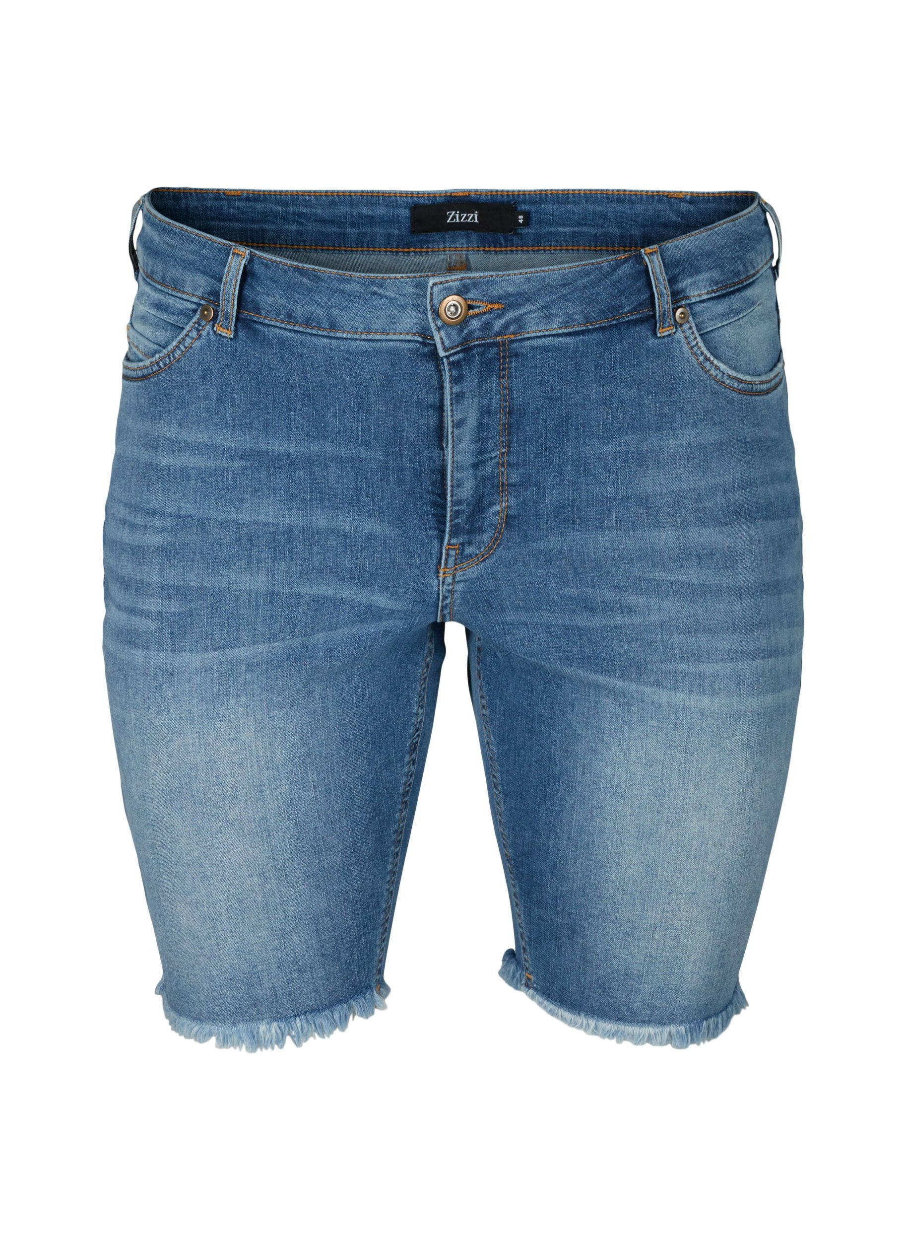 Zizzi High-waisted denim shorts with raw hems, Dark blue denim, Packshot image number 0