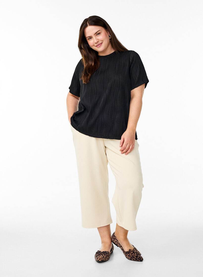 Bluzka z krótkim rekawem i falista faktura, Czarne, Model image number 1