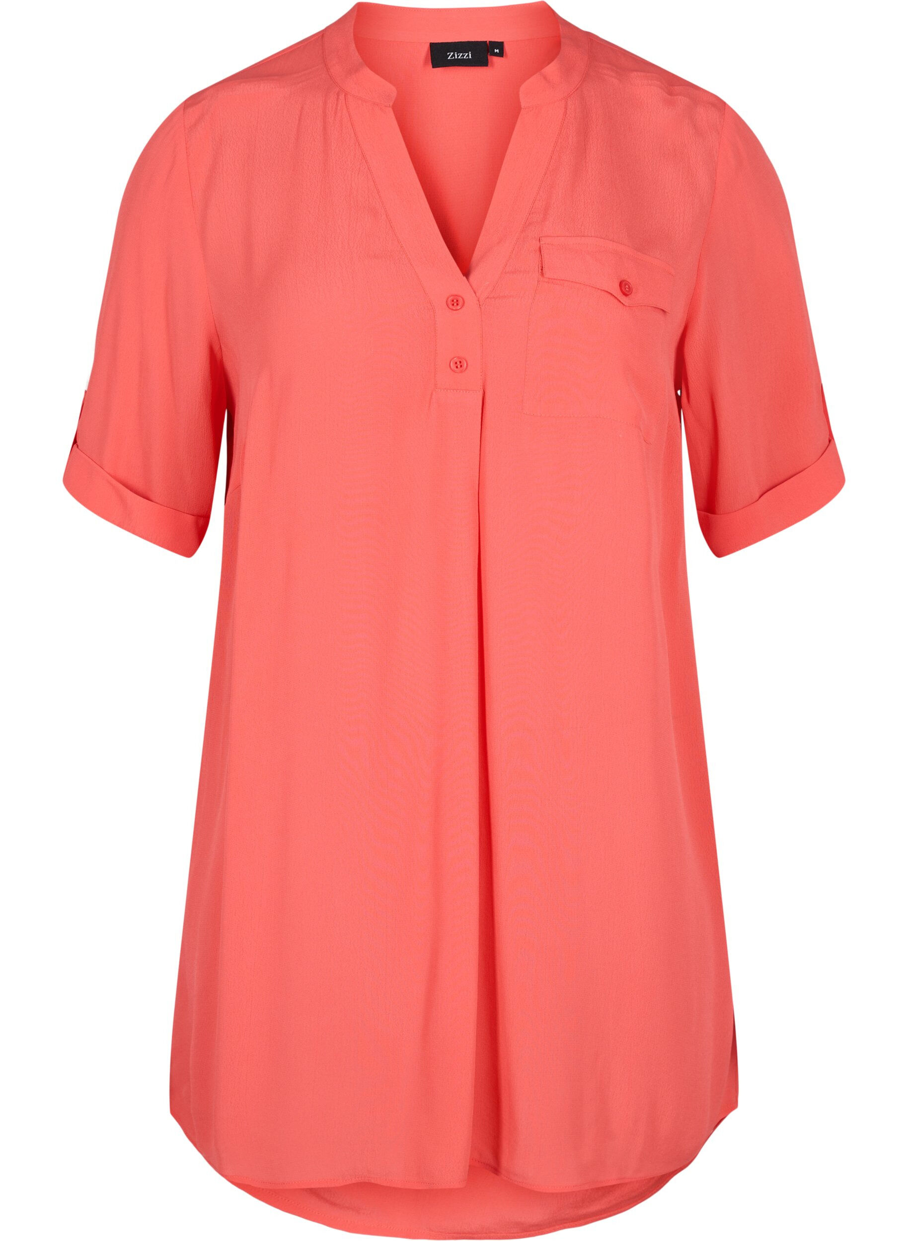 Zizzi Viscose tunic with short sleeves, Hot Coral, Packshot image number 0