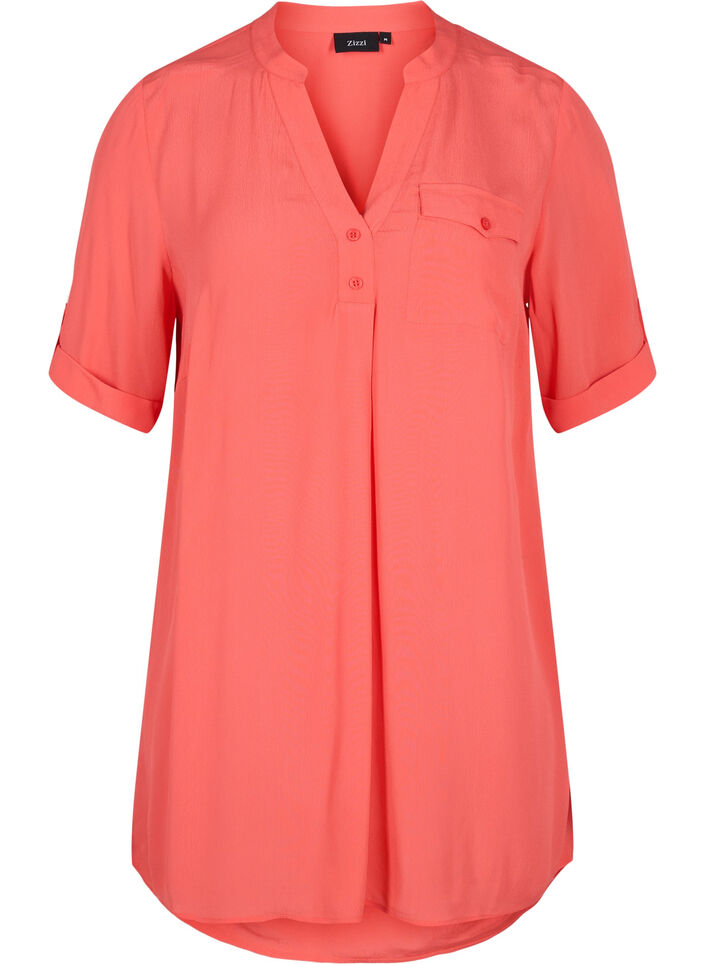 Viscose tunic with short sleeves, Hot Coral, Packshot image number 0