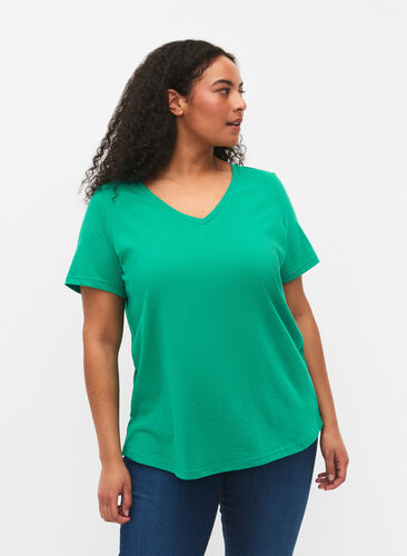 T-shirt z krótkim rekawem i dekoltem w szpic, Simply Green, Model image number 0